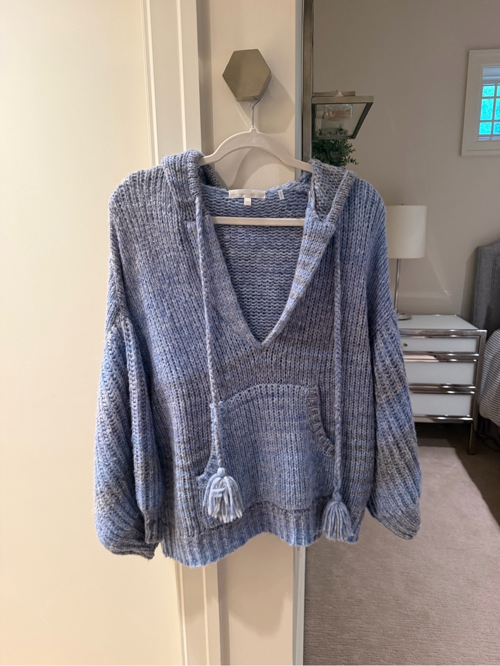 LoveShackFancy Heathered Light Blue and Greg V-Neck Oversized Hoodie Sweater